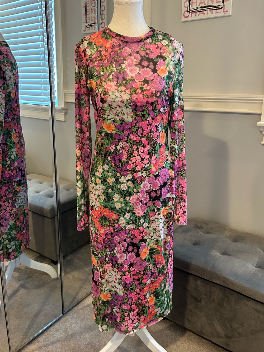 AFRM Floral Mesh Long Sleeve Midi Dress Size M